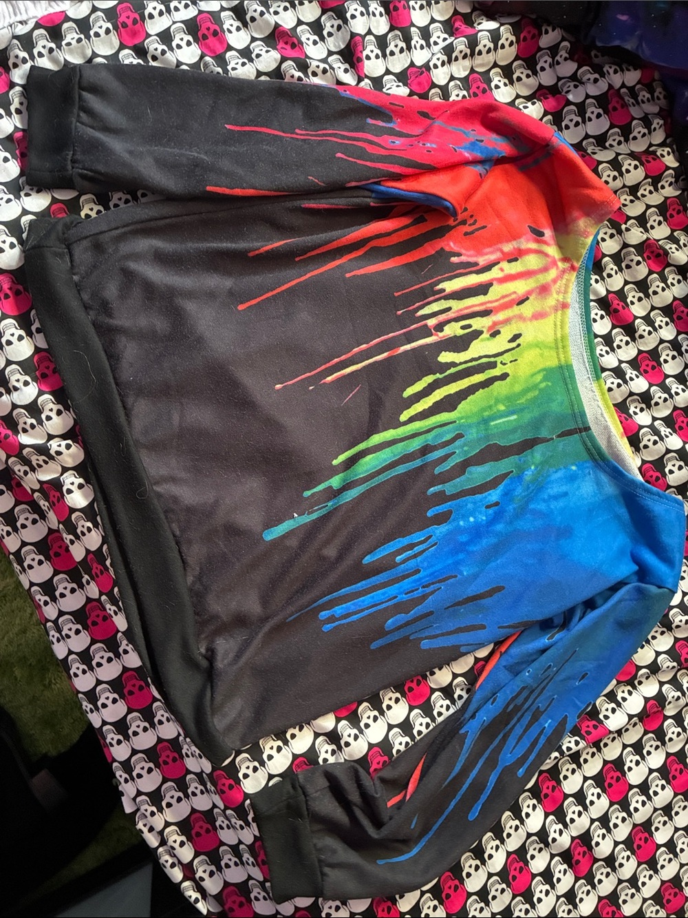 Rainbow paint drip off the shoulder sweatshirt